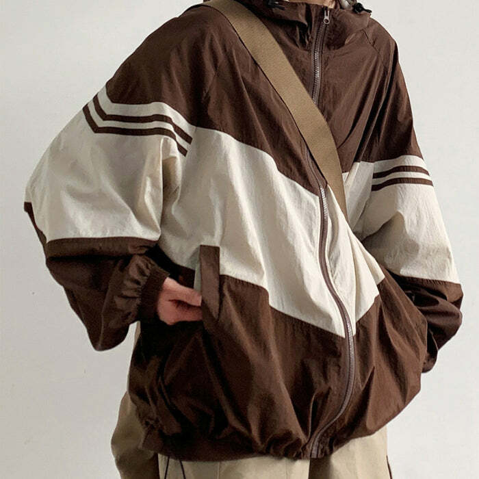 90's Brown Oversized Bomber Jacket for Y2K Aesthetic and Grunge Style