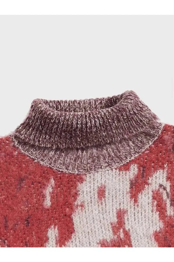 Abstract Red Splash Turtleneck Sweater - Y2K Aesthetic Cozy Style