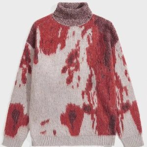 Abstract Red Splash Turtleneck Sweater - Y2K Aesthetic Cozy Style