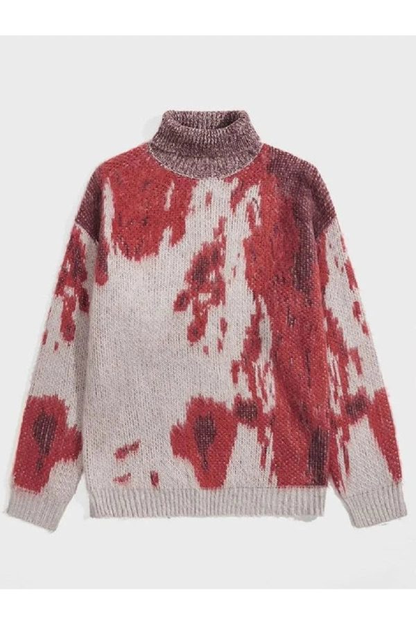 Abstract Red Splash Turtleneck Sweater - Y2K Aesthetic Cozy Style