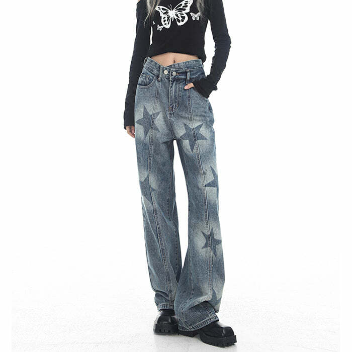 Aesthetic Star Washed Jeans for Y2K Fashion and Grunge Style Lovers