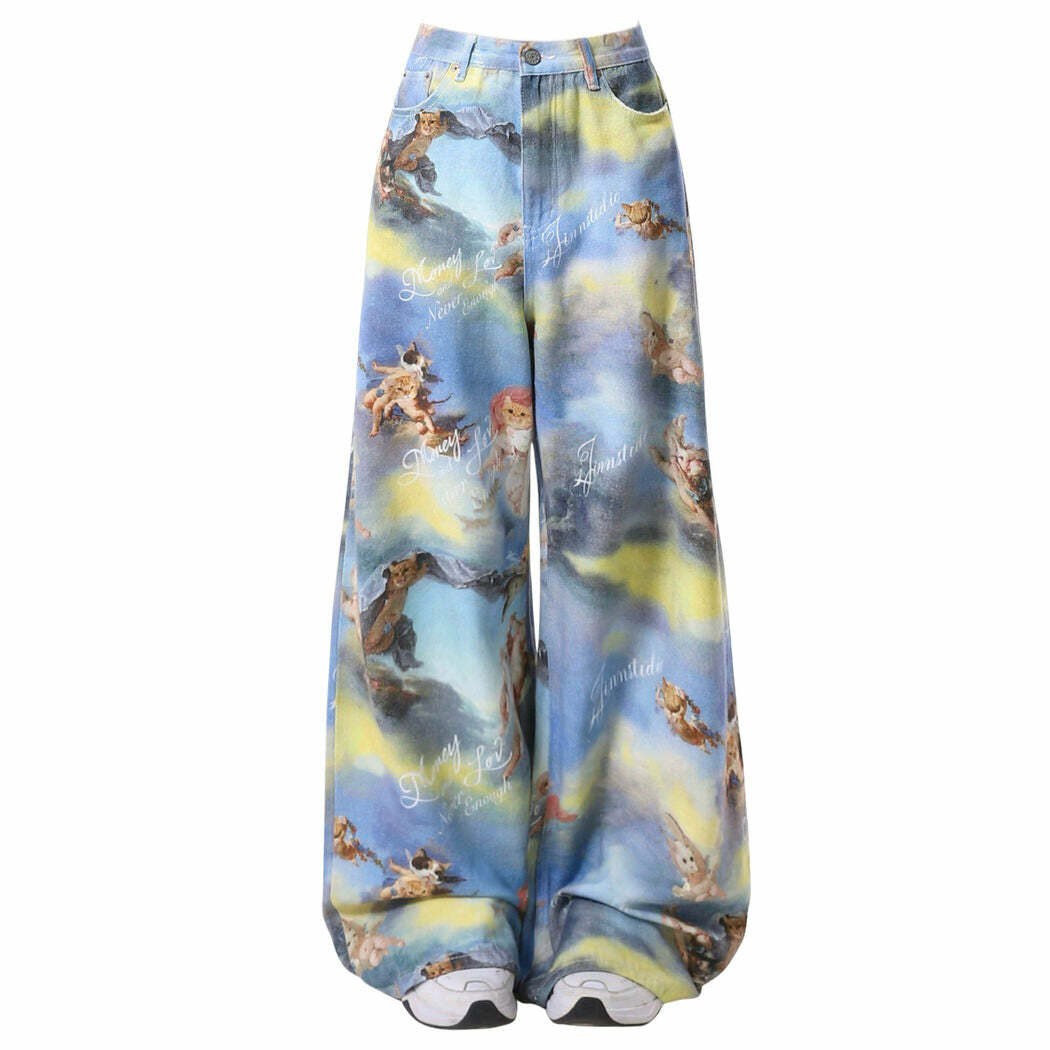 Angel Cat Print Wide-Leg Pants - Y2K Aesthetic Comfy Fashion Statement