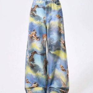 Angel Cat Print Wide-Leg Pants - Y2K Aesthetic Comfy Fashion Statement