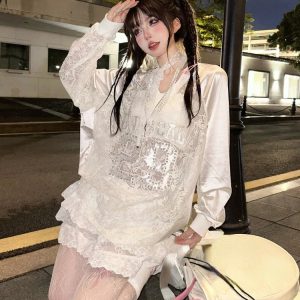 Angelic Lace Satin Sweater - Y2K Aesthetic Cute Top for Cozy Style