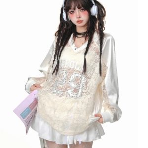 Angelic Lace Satin Sweater - Y2K Aesthetic Cute Top for Cozy Style