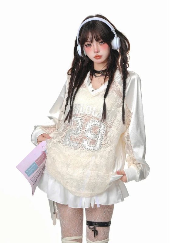 Angelic Lace Satin Sweater - Y2K Aesthetic Cute Top for Cozy Style