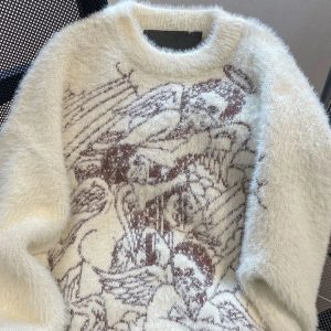 Angelic Reverie Y2K Fuzzy Sweater for Cozy Aesthetic Outfits