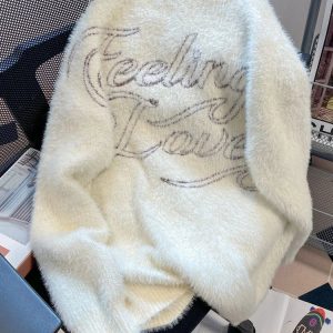 Angelic Reverie Y2K Fuzzy Sweater for Cozy Aesthetic Outfits