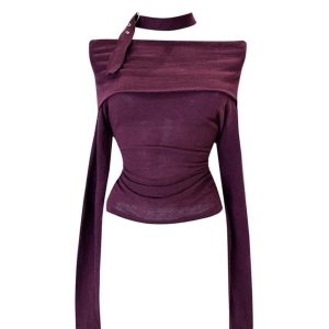 Asymmetric Choker Long Sleeve Top in Y2K Style for Aesthetic Outfits