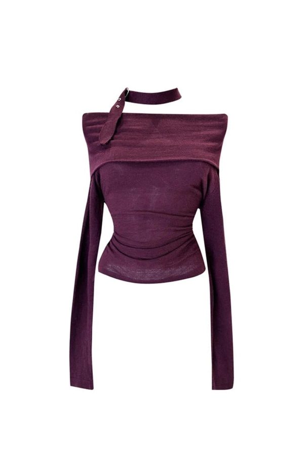 Asymmetric Choker Long Sleeve Top in Y2K Style for Aesthetic Outfits