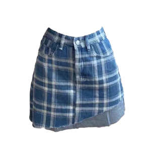 Asymmetrical Blue Plaid Skirt - Y2K Aesthetic Grunge Style Must-Have