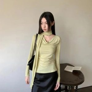 Asymmetrical Drape Neck Top in Y2K Style for Trendy Aesthetic Outfits