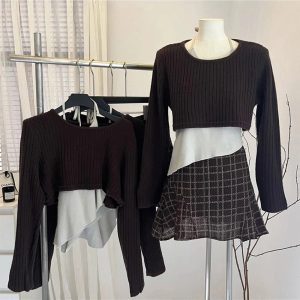 Asymmetrical Layered Knit Set for Y2K Aesthetic & Coquette Style