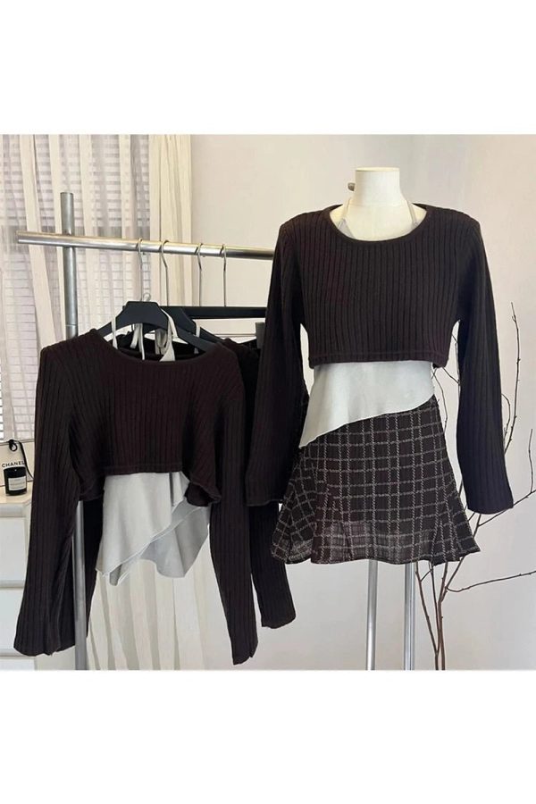 Asymmetrical Layered Knit Set for Y2K Aesthetic & Coquette Style