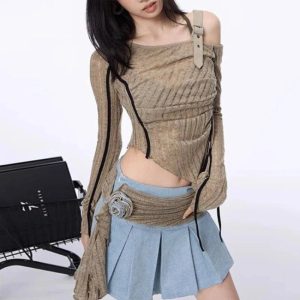 Asymmetrical Strap Detail Knit Top in Y2K Style for Aesthetic Outfits