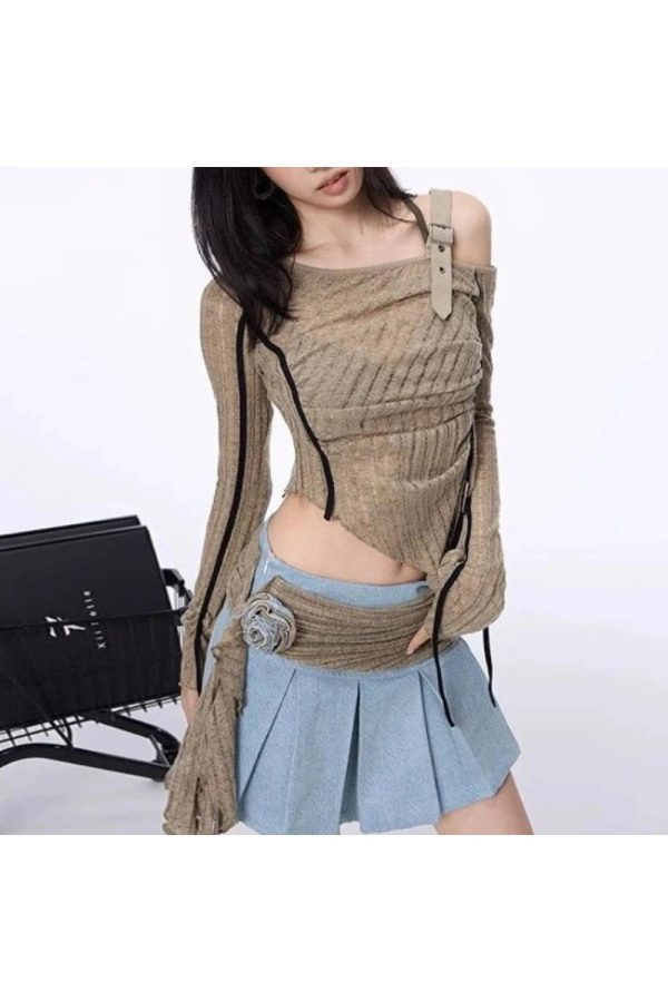 Asymmetrical Strap Detail Knit Top in Y2K Style for Aesthetic Outfits