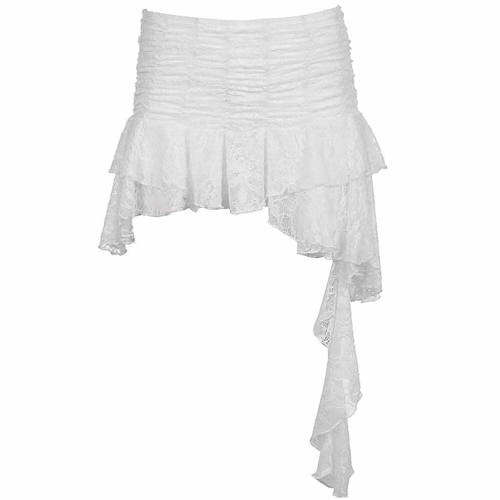 Asymmetrical White Lace Skirt for Y2K Aesthetic & Coquette Style Outfits