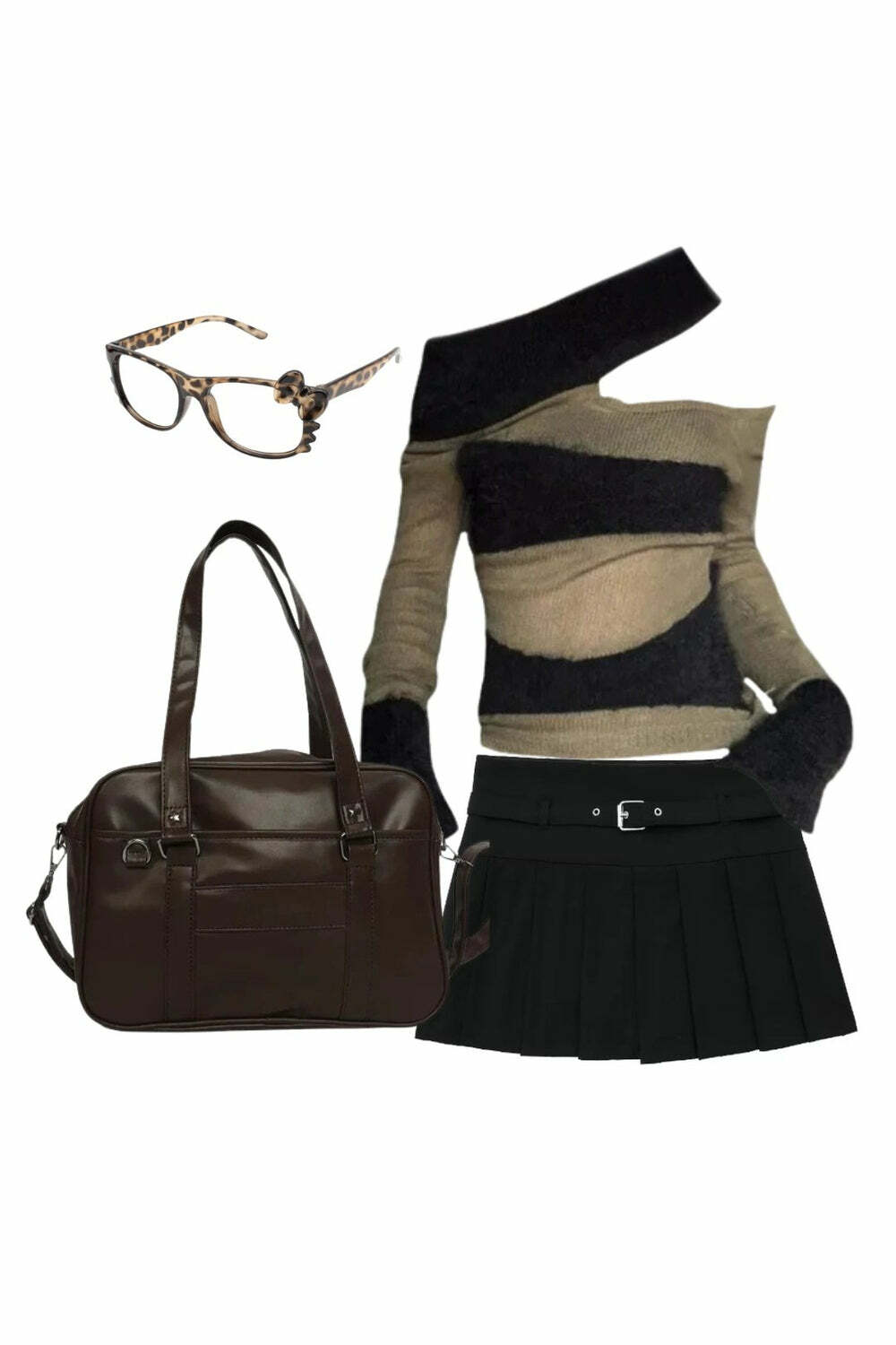 Autumn Chic Zipper Skirt & Edgy Asymmetrical Top with School Bag & Glasses