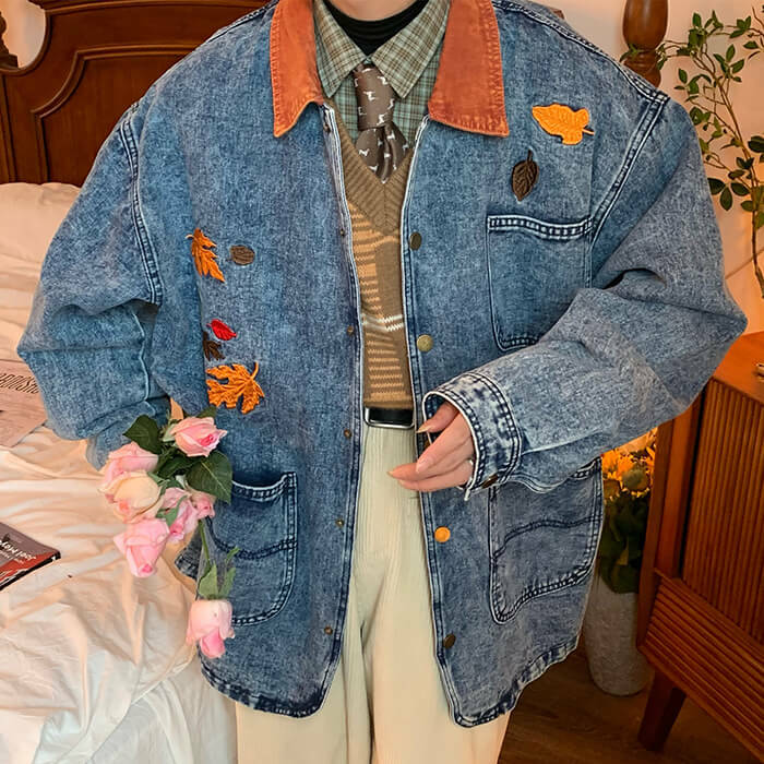 Autumn Leaves Embroidered Denim Jacket - Y2K Aesthetic Outerwear