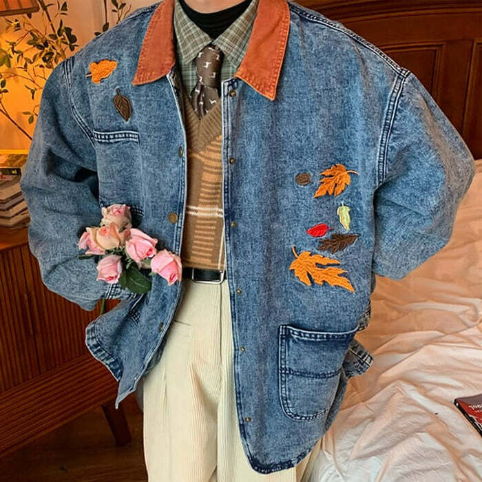 Autumn Leaves Embroidered Denim Jacket - Y2K Aesthetic Outerwear