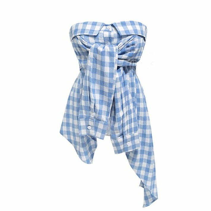 Baby Blue Plaid Off Shoulder Top - Y2K Aesthetic Cute Fashion Piece