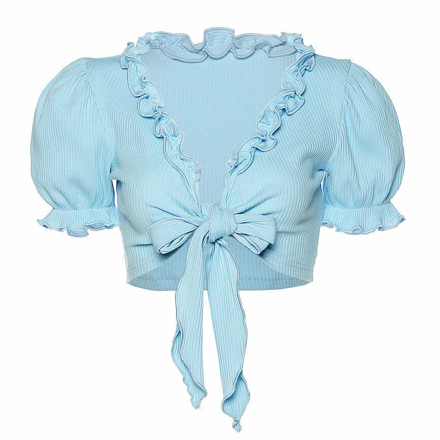 Baby Blue Y2K Knot Tie Crop Top for Coquette and Grunge Aesthetics