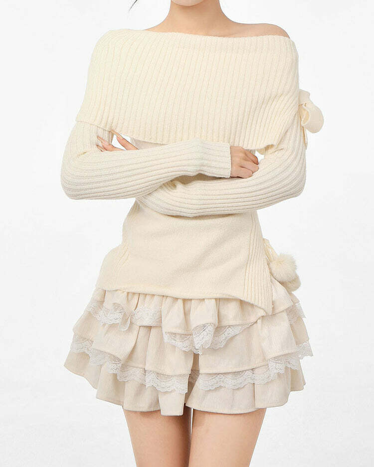 Balletcore Off-Shoulder Sweater: Y2K Aesthetic Cute Top for Fall