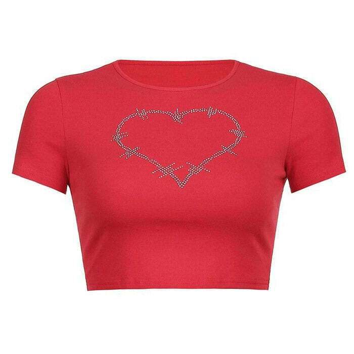 Barbed Heart Rhinestone Crop Top - Y2K Aesthetic Cute Top for Grunge Style