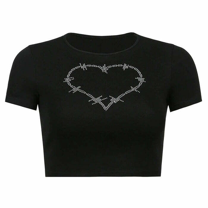 Barbed Heart Rhinestone Crop Top - Y2K Aesthetic Cute Top for Grunge Style