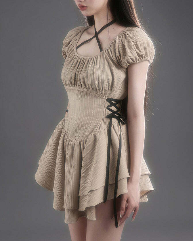 Beige Coquette Mini Dress - Y2K Aesthetic Cute Outfit for Any Occasion