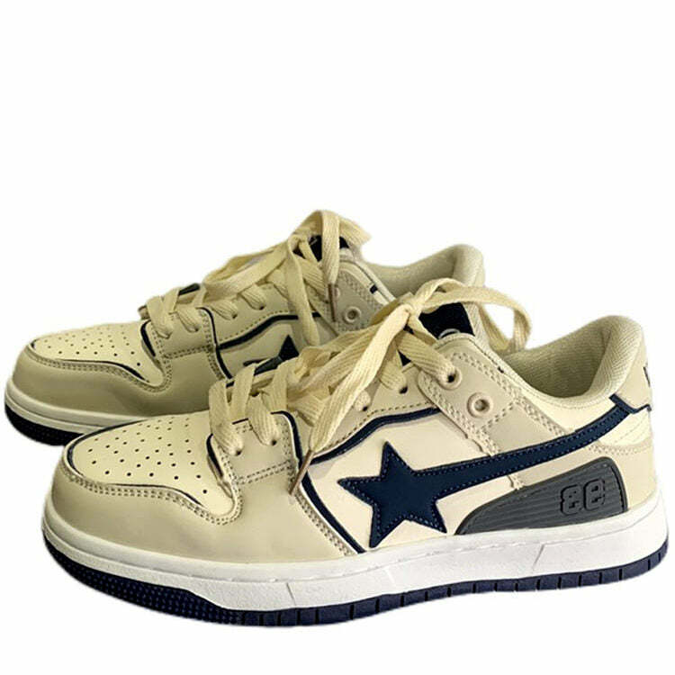 Beige & Navy Y2K Aesthetic Shooting Star Sneakers for Trendy Outfits