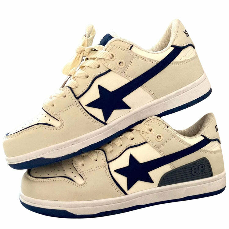 Beige & Navy Y2K Aesthetic Shooting Star Sneakers for Trendy Outfits