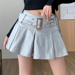 Belted Pleated Mini Skirt - Y2K Aesthetic Grunge Style Essential