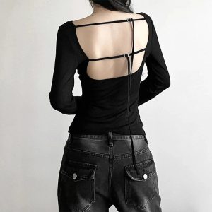 Black Off-Shoulder Ribbed Top for Y2K Aesthetic & Grunge Style Outfits