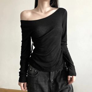 Black Off-Shoulder Ribbed Top for Y2K Aesthetic & Grunge Style Outfits