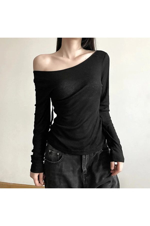 Black Off-Shoulder Ribbed Top for Y2K Aesthetic & Grunge Style Outfits