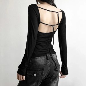 Black Off-Shoulder Ribbed Top for Y2K Aesthetic & Grunge Style Outfits