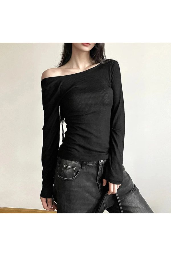 Black Off-Shoulder Ribbed Top for Y2K Aesthetic & Grunge Style Outfits