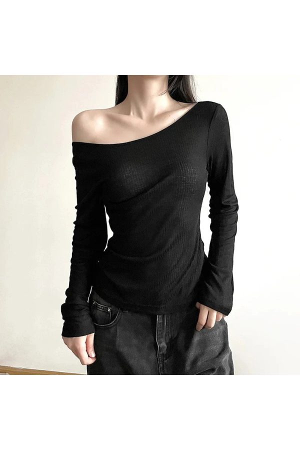 Black Off-Shoulder Ribbed Top for Y2K Aesthetic & Grunge Style Outfits