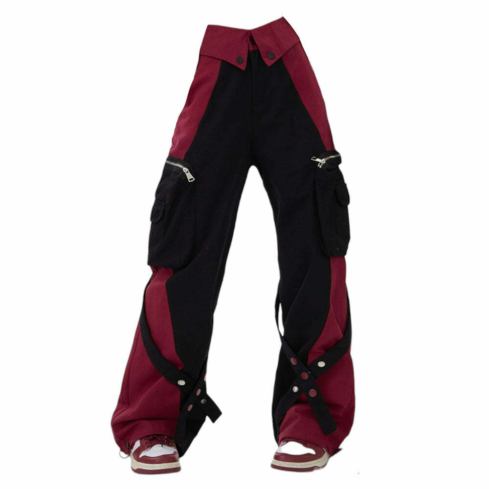 Black & Red Y2K Grunge Cargo Pants for Edgy Aesthetic Outfits