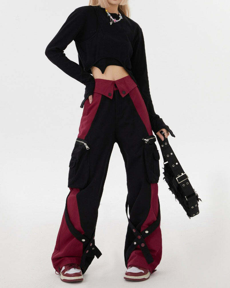 Black & Red Y2K Grunge Cargo Pants for Edgy Aesthetic Outfits