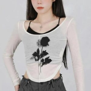 Black Rose Sheer Layered Top - Y2K Aesthetic Cute Layering Piece