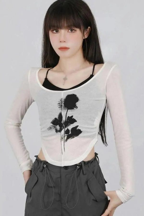 Black Rose Sheer Layered Top - Y2K Aesthetic Cute Layering Piece