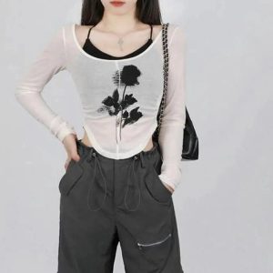 Black Rose Sheer Layered Top - Y2K Aesthetic Cute Layering Piece