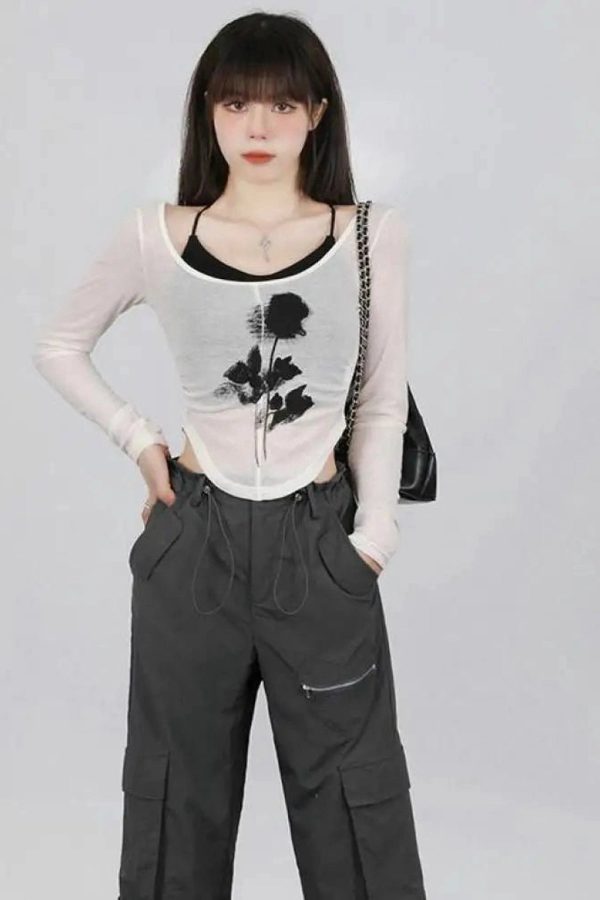 Black Rose Sheer Layered Top - Y2K Aesthetic Cute Layering Piece