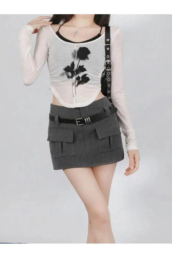 Black Rose Sheer Layered Top - Y2K Aesthetic Cute Layering Piece