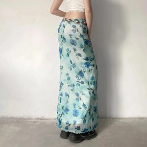 Blue Blossom Mesh Maxi Skirt - Y2K Aesthetic Floral Layered Style