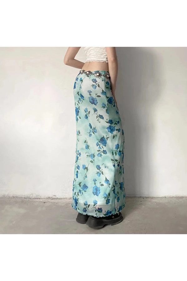 Blue Blossom Mesh Maxi Skirt - Y2K Aesthetic Floral Layered Style