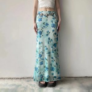 Blue Blossom Mesh Maxi Skirt - Y2K Aesthetic Floral Layered Style