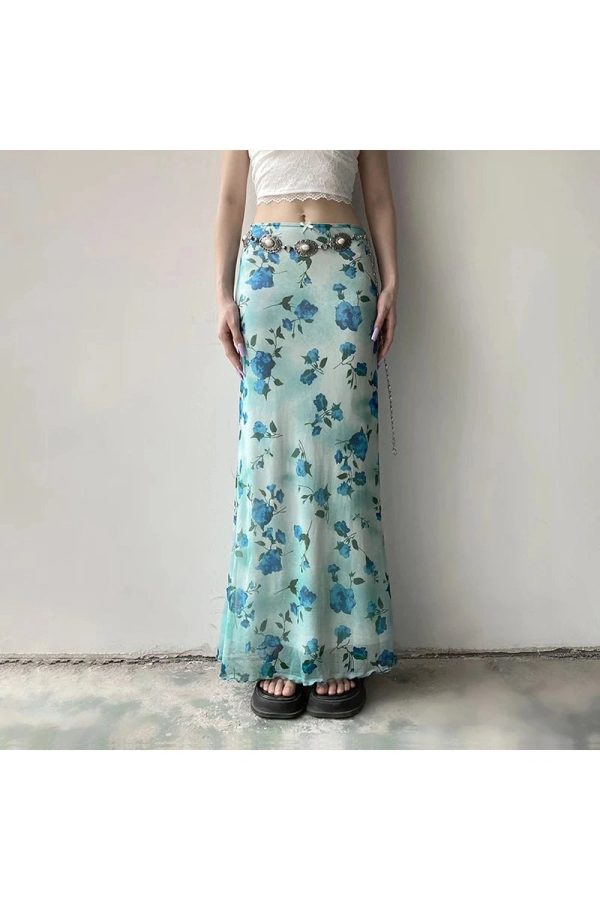 Blue Blossom Mesh Maxi Skirt - Y2K Aesthetic Floral Layered Style